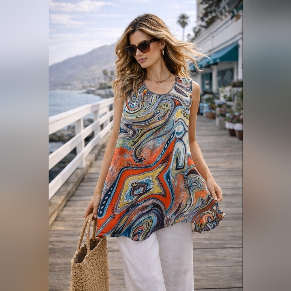 India Boutique Abstract Paisley Tunic Top One Size Boho Oversized Colorful OS